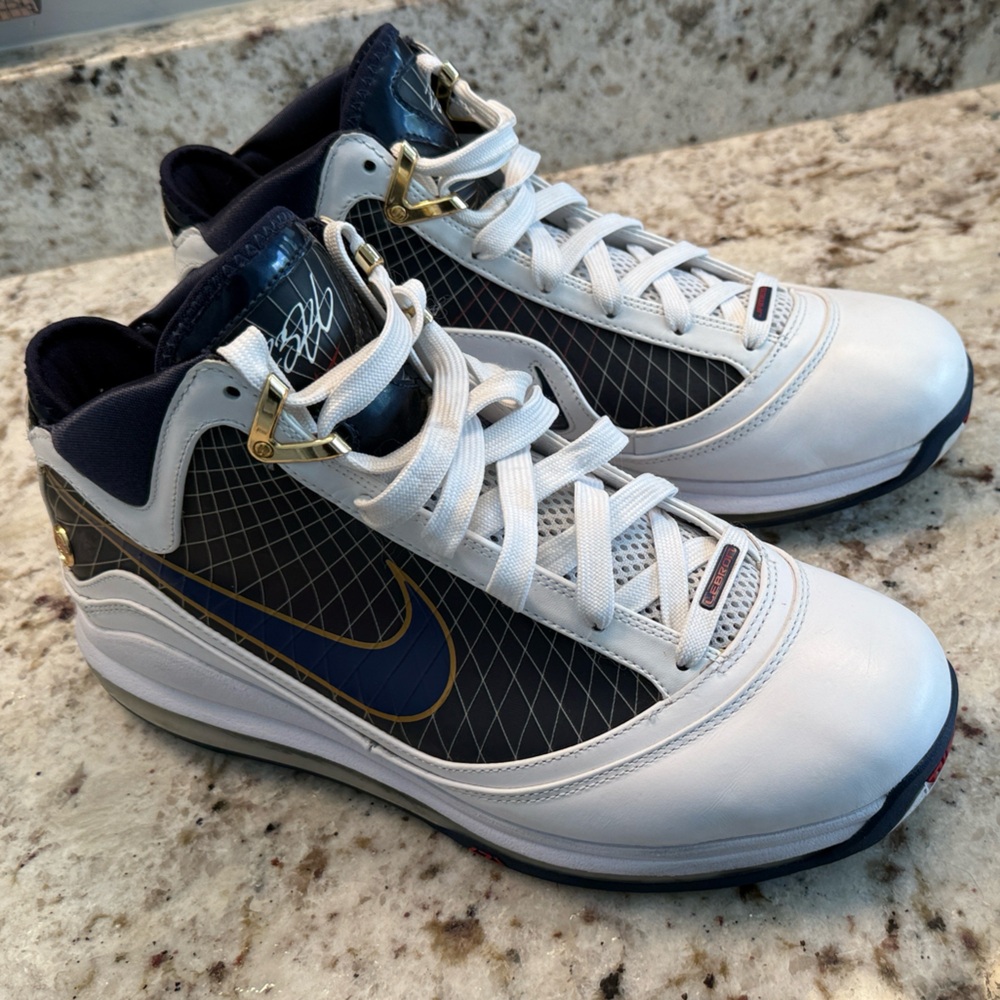 Nike Air Max LeBron VII Blue White & Gold Athletic Shoes